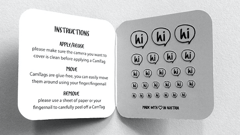 hi speech-bubble CamTag reusable webcam cover in packaging