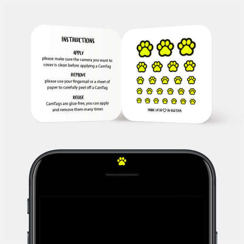 neon yellow "CatPaw" reusable privacy sticker CamTag on phone