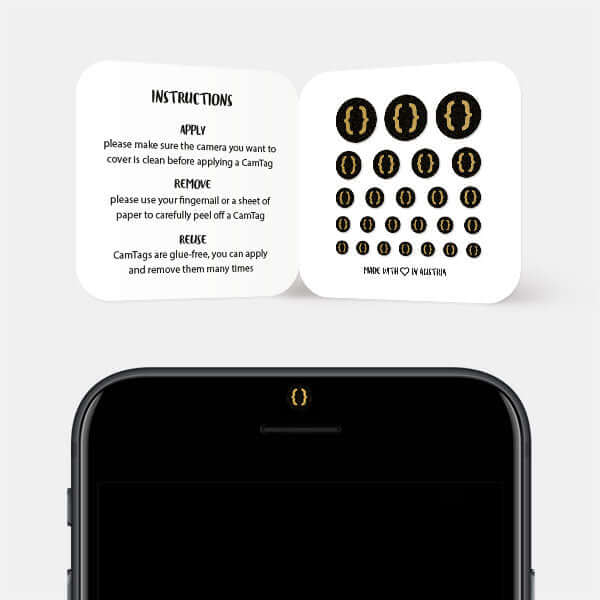 reusable symbolic camera blocker sticker for smartphone front camera — golden Curly Brackets CamTag