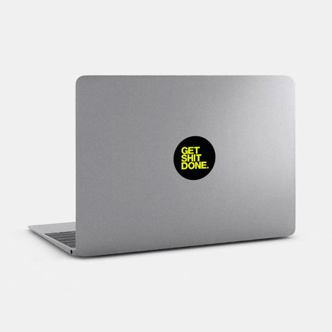 neon yellow "get shit done" reusable macbook sticker tabtag on a mac