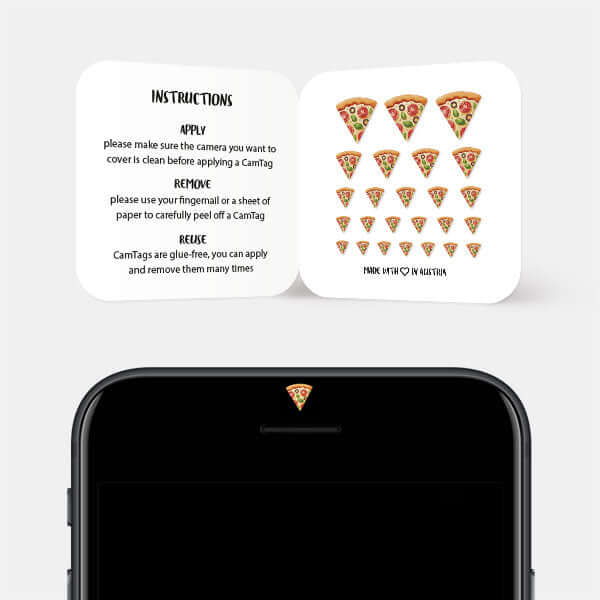 camera privacy sticker applied to smartphone Front-facing camera for privacy – Pizza Slice CamTag