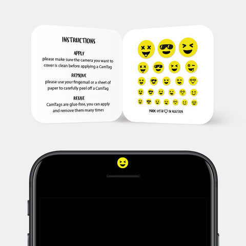 colorful "Emoji Set" reusable privacy sticker CamTag on phone