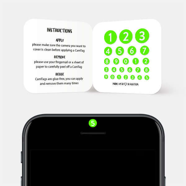 numbers themed camera blocker set for smartphone selfie lens — neon green Numbers Set CamTag