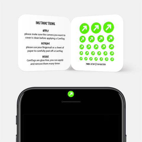 neon green "arrow" reusable privacy sticker CamTag on phone