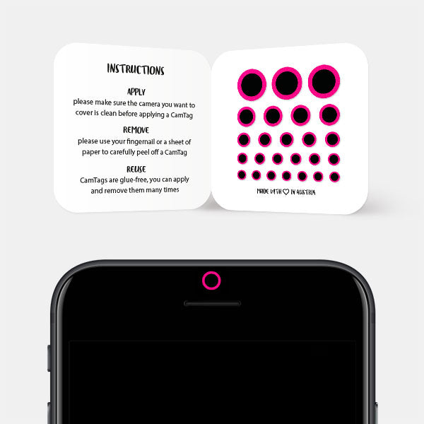 Neon Pink Ring Reusable Webcam Cover blocking smartphone front camera privacy | CamTag