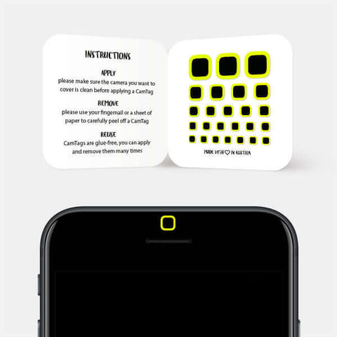 neon yellow square reusable privacy sticker CamTag on phone