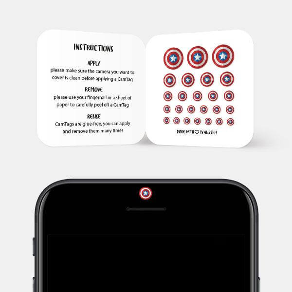 reusable webcam sticker applied to tablet camera for digital privacy – Captain America CamTag