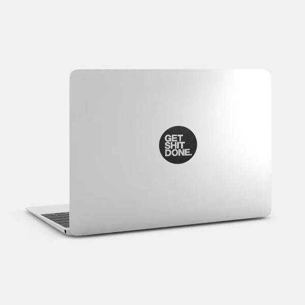 silver get shit done reusable macbook sticker tabtag on a laptop