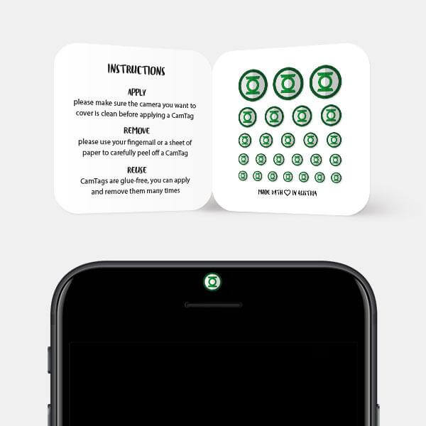 superhero-inspired camera blocker for smartphone selfie camera — Green Lantern CamTag