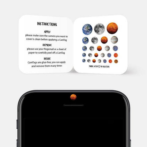 "Planet set" reusable privacy sticker sets CamTag on phone