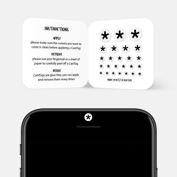 webcam privacy sticker in use on smartphone front camera for digital privacy – white Asterisk CamTag