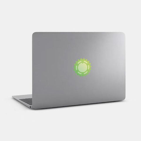 green colorful "pinion a2 19" reusable macbook sticker tabtag on a mac