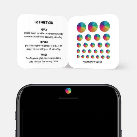 colorful "rainbow umbrella" reusable privacy sticker CamTag on phone