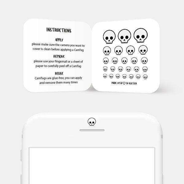 camera blocker on smartphone front camera — white Skull CamTag