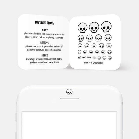 white "skull" reusable privacy sticker CamTag on phone