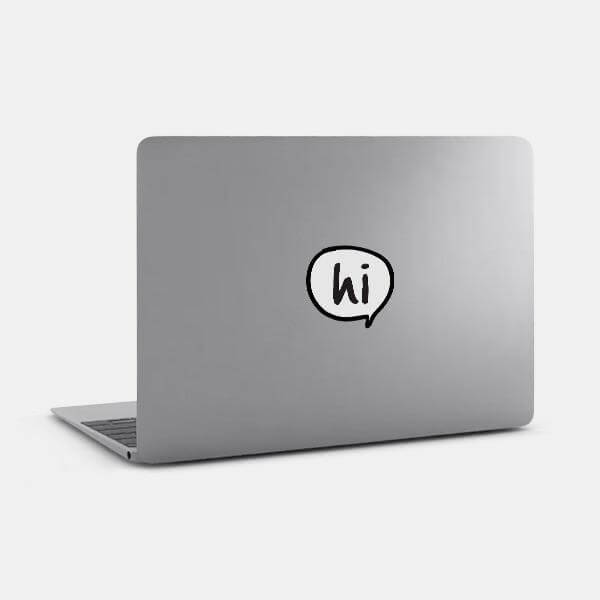 white speech bubble hi reusable macbook sticker tabtag on a laptop on sale