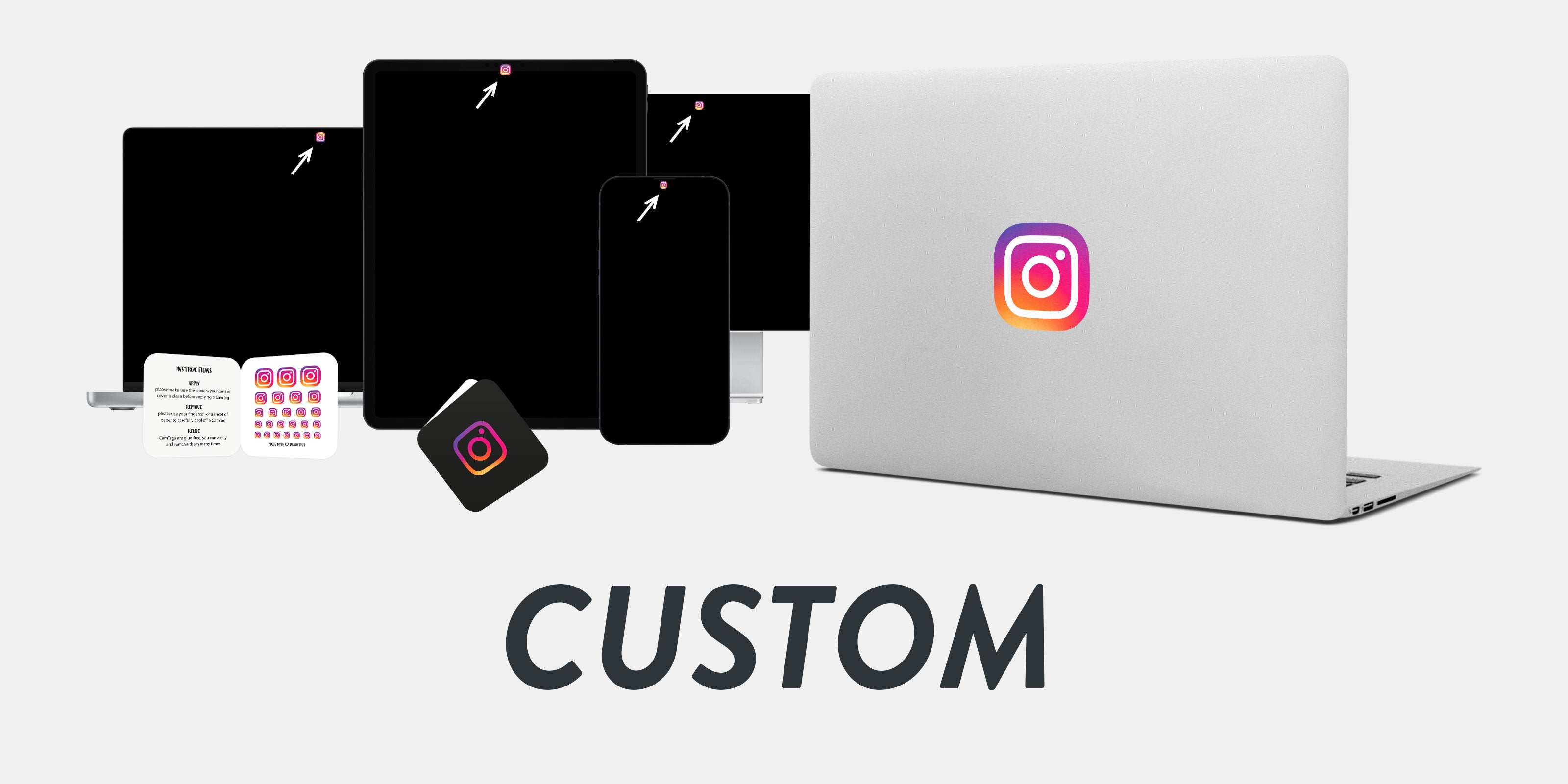 custom reusable privacy stickers covering the camera on a phone, tablet and screen. custom reusable macbook sticker on a laptop