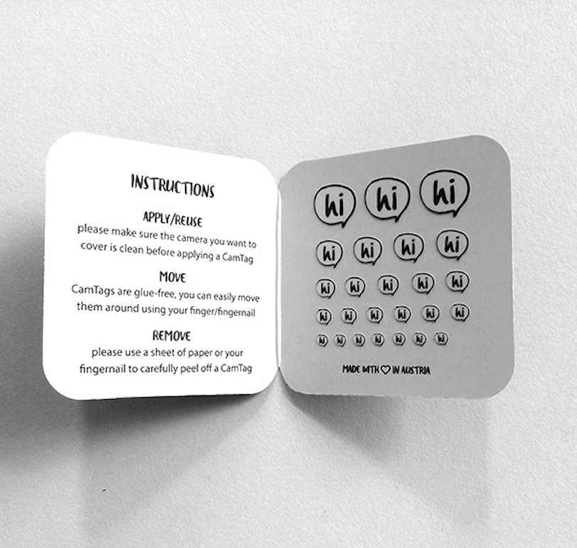 hi speech-bubble CamTag reusable webcam cover in packaging