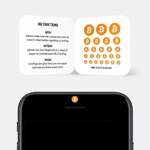 neon orange "bitcoin" reusable privacy sticker CamTag on phone