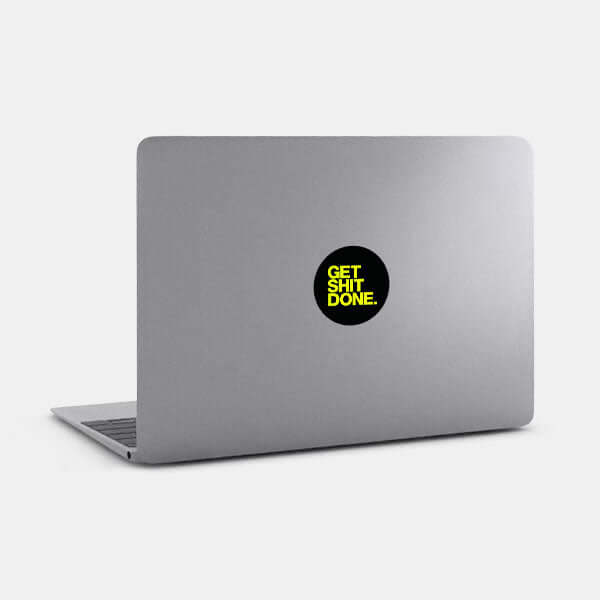 neon yellow get shit done reusable macbook sticker tabtag on a laptop