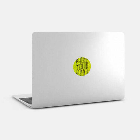 neon yellow "MakeYourMark" reusable macbook sticker tabtag on a laptop