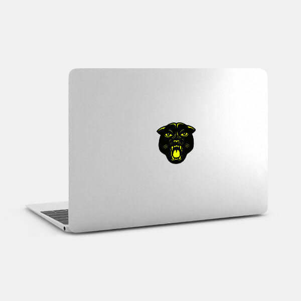 neon yellow Panther reusable macbook sticker tabtag on a laptop