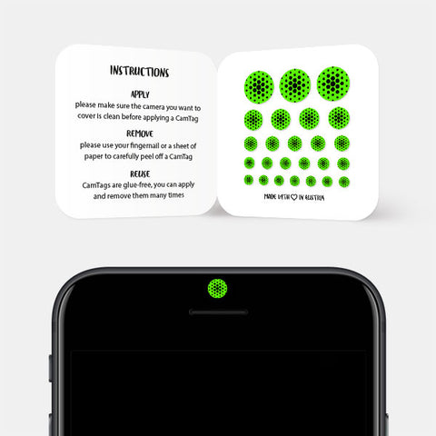 neon green "dot pattern 2" reusable privacy sticker CamTag on phone