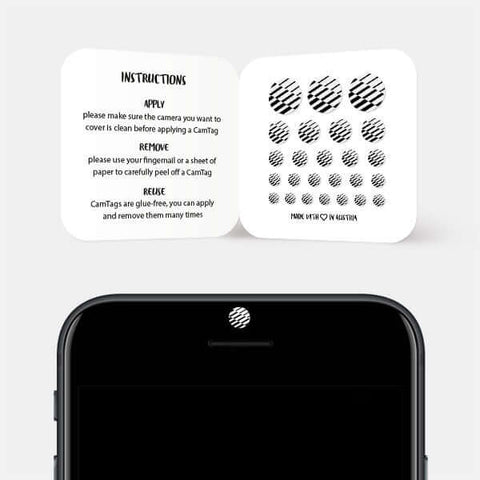 white "PatternLines2" reusable privacy sticker CamTag on phone