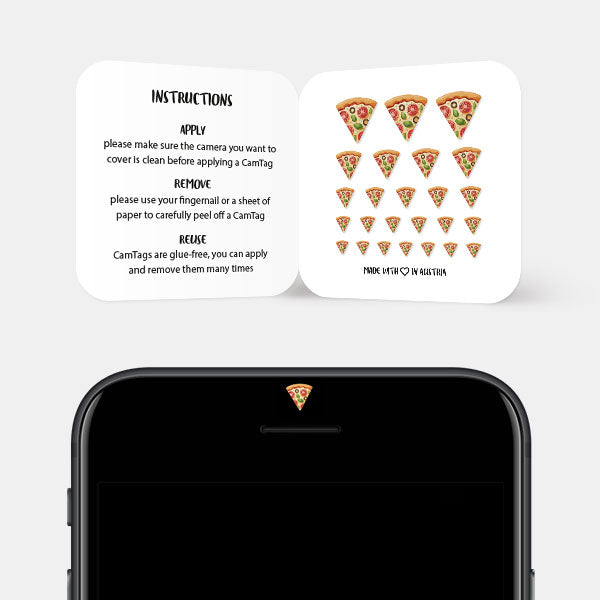 camera privacy sticker applied to smartphone Front-facing camera for privacy – Pizza Slice CamTag