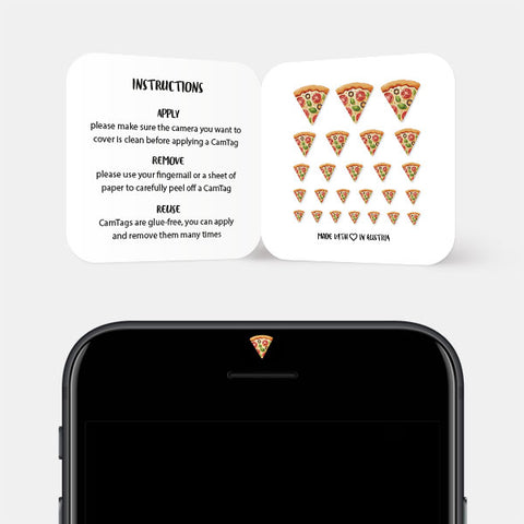 camera privacy sticker applied to smartphone Front-facing camera for privacy – Pizza Slice CamTag