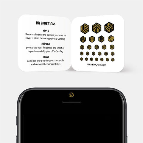 golden "hexagon set" reusable privacy sticker CamTag sets on phone
