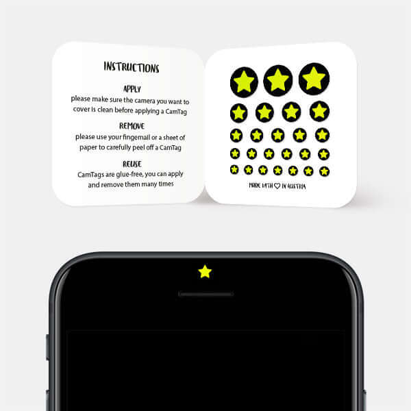 camera cover on smartphone selfie lens — neon yellow Star CamTag