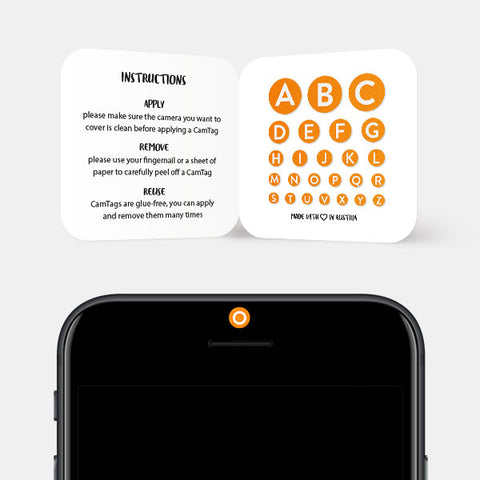 neon orange "alphabet set" reusable privacy sticker sets CamTag on phone