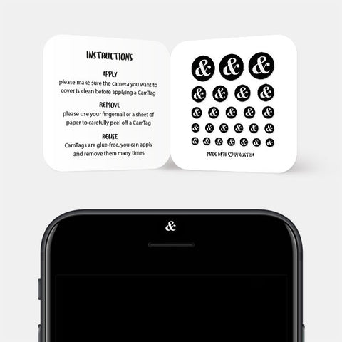 dark "ampersand" reusable privacy sticker CamTag on phone
