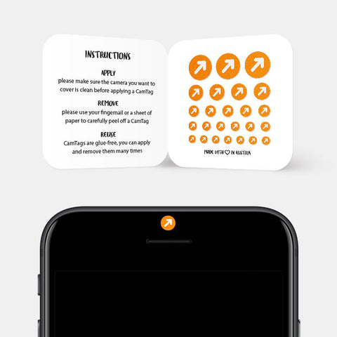 neon orange "arrow" reusable privacy sticker CamTag on phone
