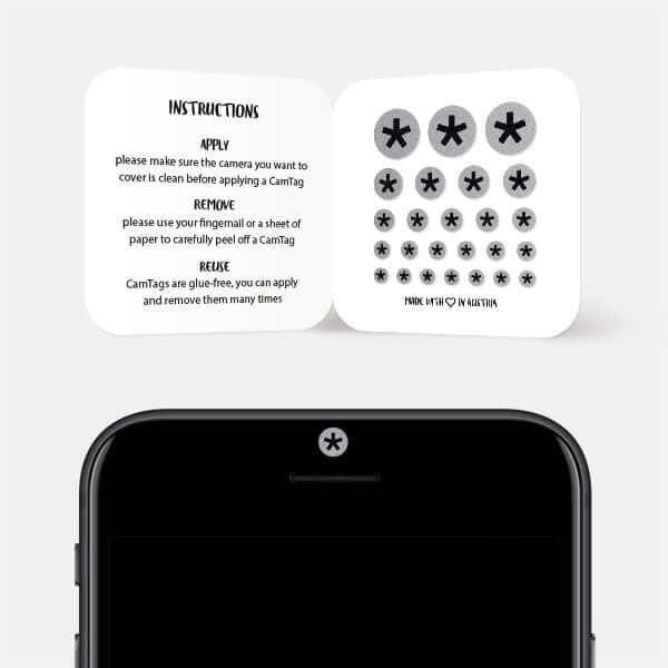 webcam privacy sticker in use on smartphone front camera for digital privacy – spacegray Asterisk CamTag