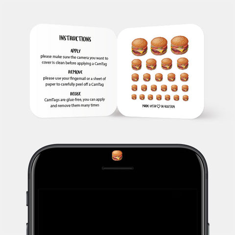 reusable webcam privacy sticker in use on smartphone camera for digital privacy Burger CamTag