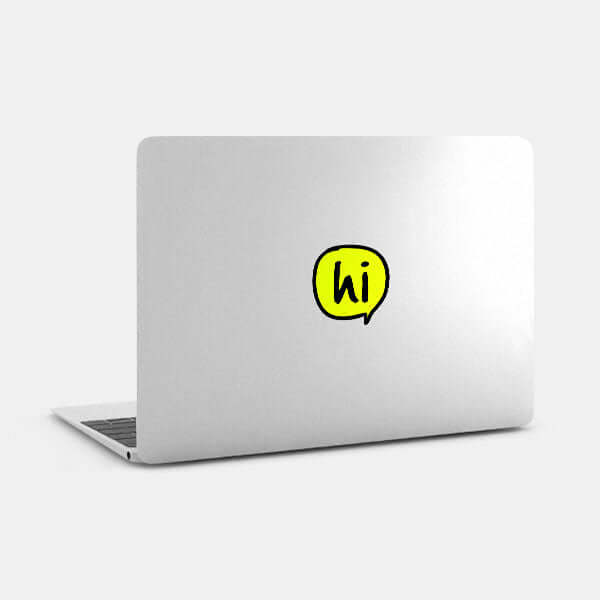 neon yellow speech bubble hi reusable macbook sticker tabtag on a laptop on sale