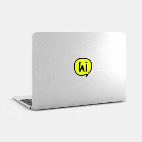 neon yellow "speech bubble hi" reusable macbook sticker tabtag on a mac on sale