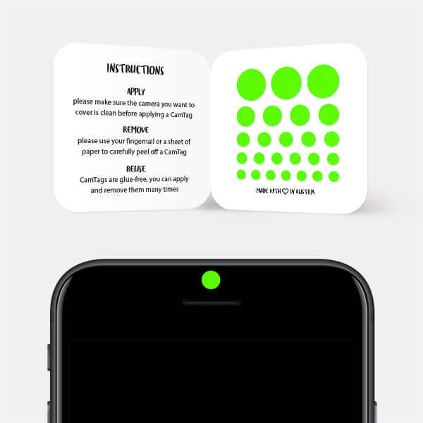 Reusable Webcam Cover blocking smartphone front camera privacy — neon green Solid Color CamTag 