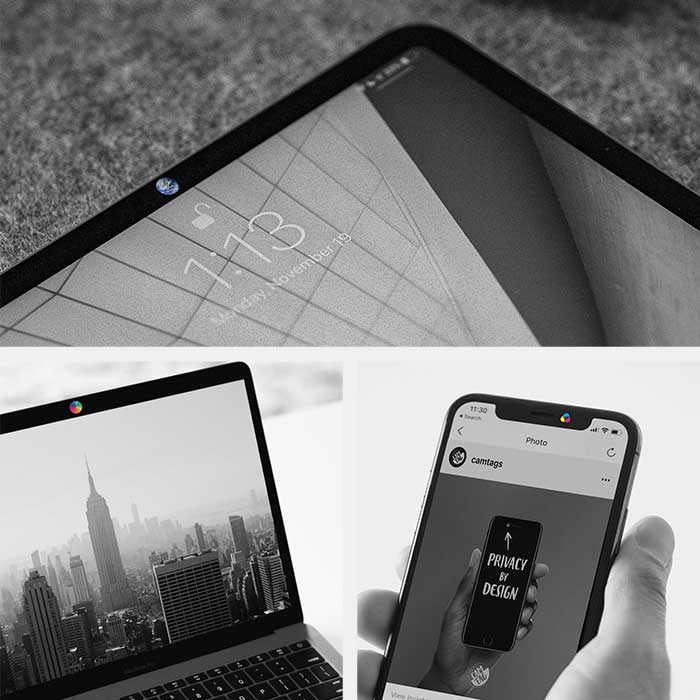 CamTag webcam covers on phone, tablet, and laptop