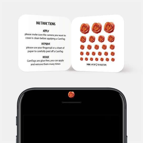adhesive-free camera blocker for smartphone front camera — orange Roses CamTag