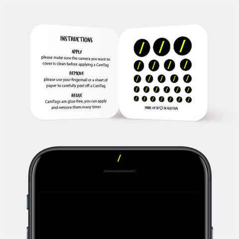 neon yellow "slash" reusable privacy sticker CamTag on phone