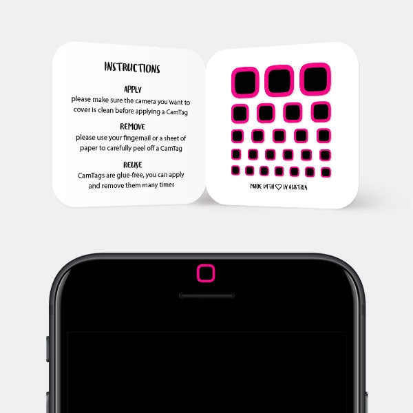 Neon Pink Square Reusable Webcam Cover blocking smartphone front camera privacy | CamTag