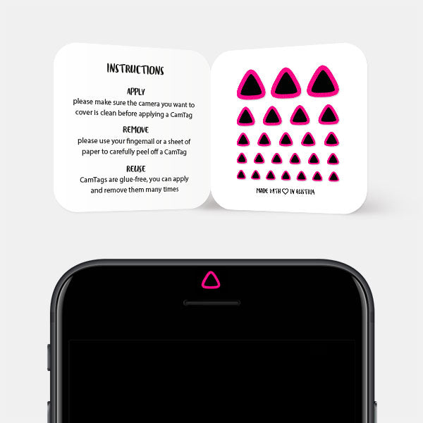 Neon Pink Triangle Reusable Webcam Cover blocking smartphone front camera privacy | CamTag