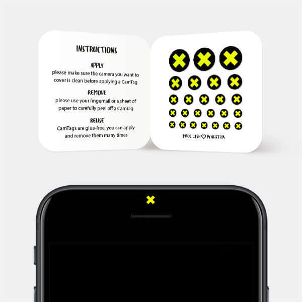 camera blocker covering smartphone selfie lens — neon yellow X CamTag