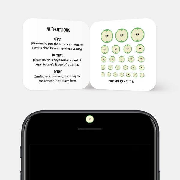 camera privacy sticker blocking the front-facing camera on a smartphone – Apple