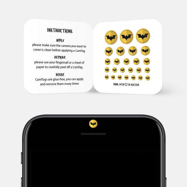 reusable camera privacy sticker in use on smartphone selfie camera for webcam protection – Batman CamTag