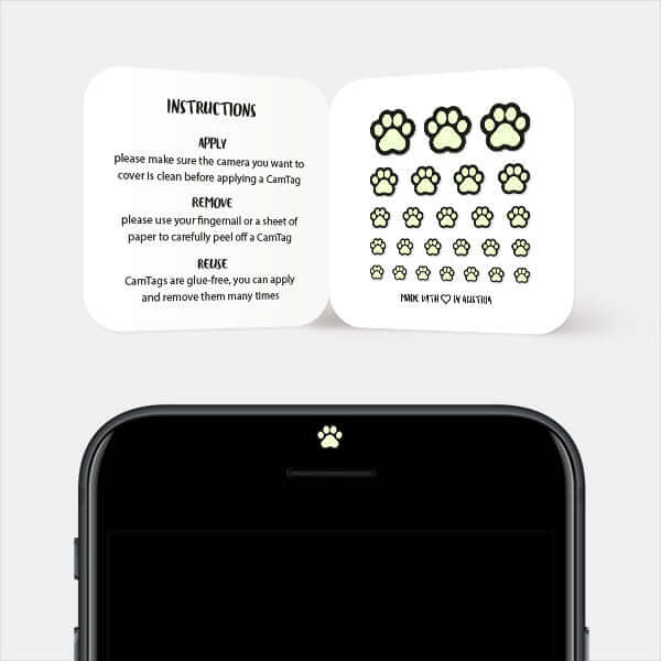 reusable camera cover in use on smartphone front-facing camera for digital privacy – luminescent day Cat Paw CamTag