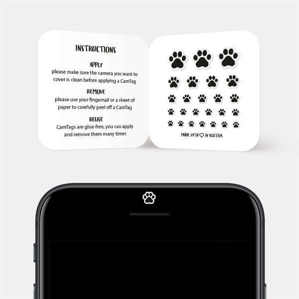 reusable camera cover in use on smartphone front-facing camera for digital privacy – black Cat Paw CamTag